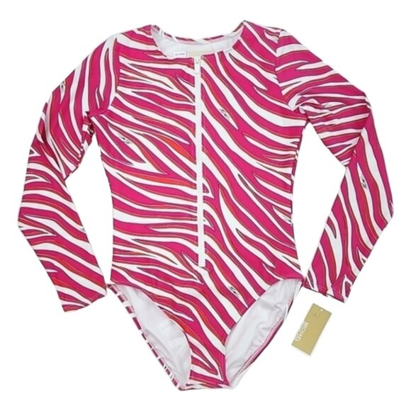 Michael Kors One Piece Long Sleeves Swimsuit Electric Pink Animal Print Size 8 - Picture 1 of 16